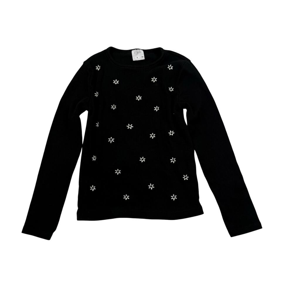 Zara Black Embroidered Flowers Ribbed Shirt, Size 8
